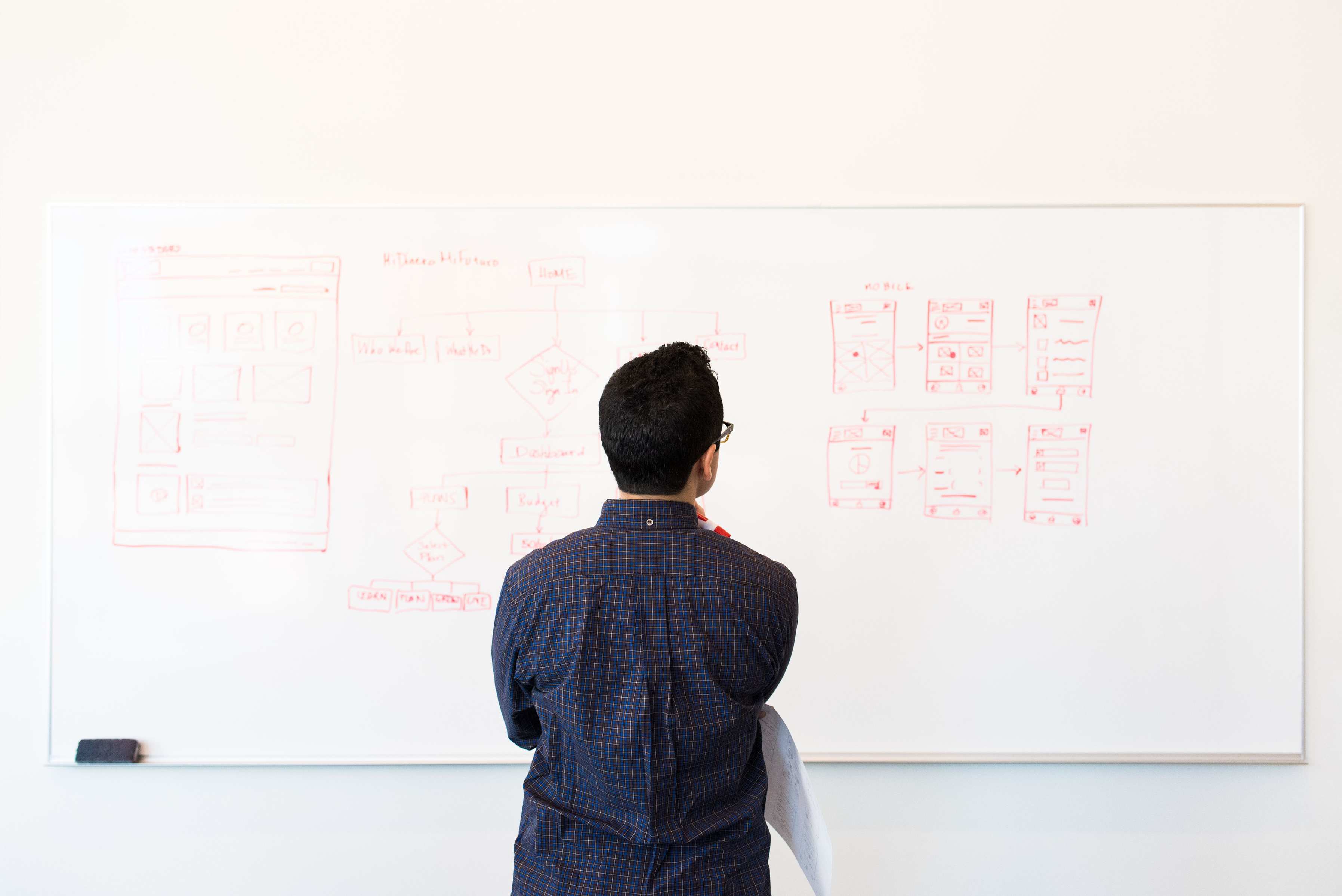 Whiteboard with interface sketches and sticky notes during planning